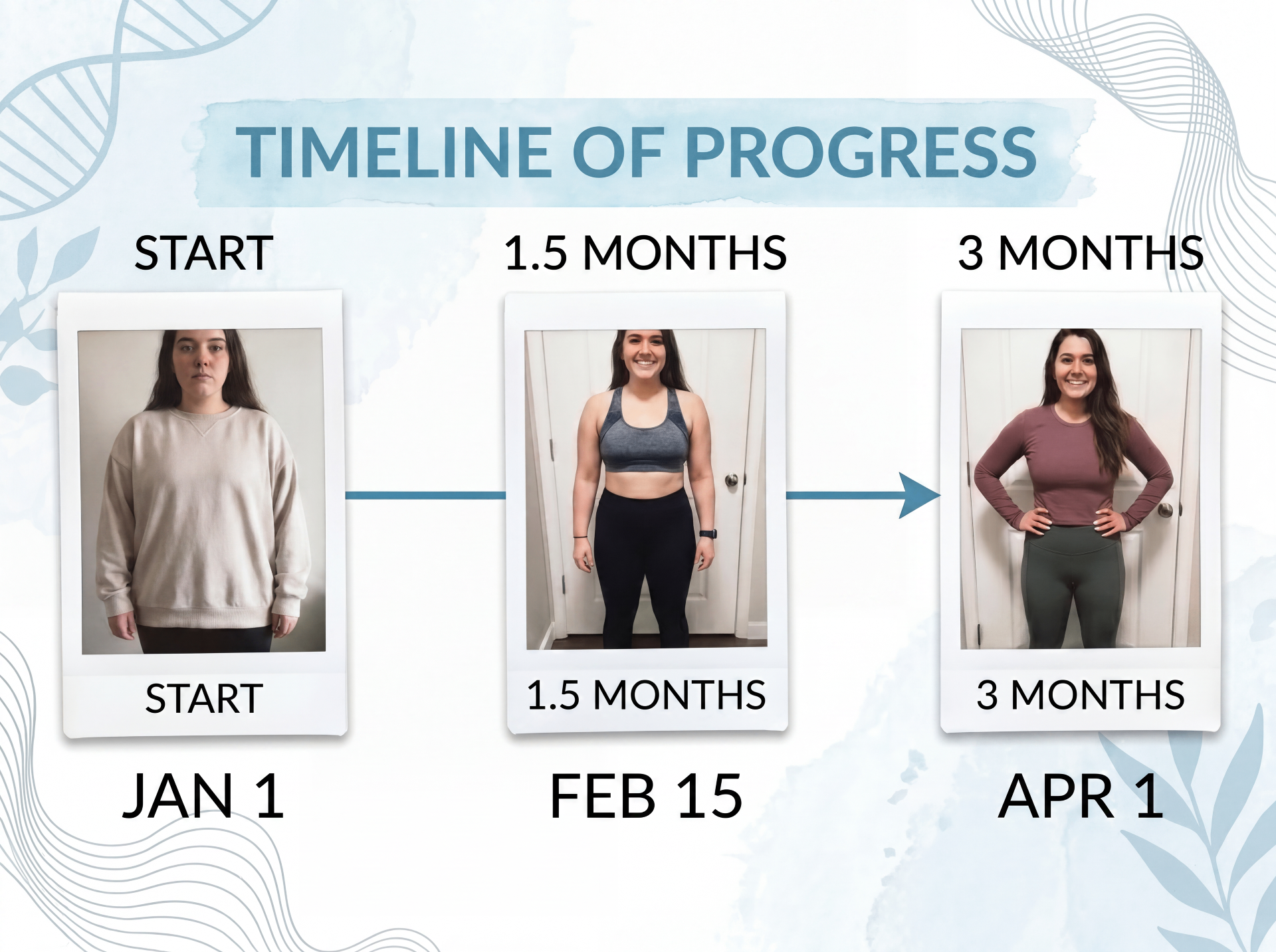 Timeline of progress: start, 1.5 months, 3 months